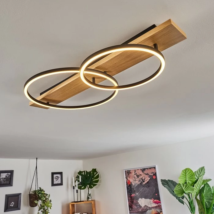 Hofstein Pompu Deckenleuchte LED Schwarz, Holz hell, 2-flammig